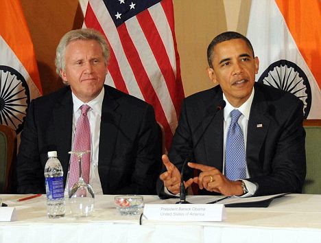 U.S. Putative President Barack Obama (2-R) seated with, General Electric's Jeffrey Immelt, & Boeing's Christopher Chadwick, holds a round table discussion with CEOs. Immelt is now on Obama's Advisory Board ~ Can Anyone Say, "fascism"?