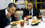 Sen. Obama visits Sylvias Rest. in Harlem wth Rev.Al Sharpton. eating and talking in back room.