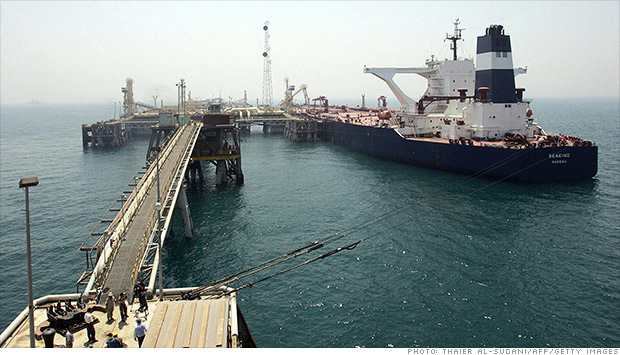 A ship is connected to the Basra Oil Terminal twelve nautical miles off the Iraqi coast in the waters of the Northern Persian Gulf close to the port town of Umm Qasr.