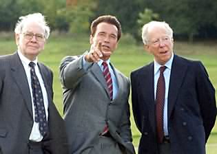 Illuminatis Warren Buffet, Arnold Schwarzenegger, & Jacob Rothschild.