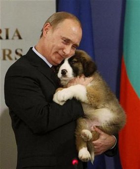 Russia's Prime Minister Vladimir Putin hugs a Bulgarian shepherd dog, after receiving it as a present from Bulgaria's Prime Minister Boiko Borisov (not seen) in Sofia, November 13, 2010.   REUTERS/Oleg Popov