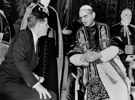 Pope Paul VI ** FILE ** President John F. Kennedy and Pope Paul VI talk at the Vatican in this July 2, 1963 file photo. Kennedy's meeting with Pope Paul VI at the Vatican was historic: the first Roman Catholic president of the United States was seeing the Roman Catholic pontiff only days after his coronation. Kennedy _ who struggled against anti-Catholic bias during his presidential campaign _ only shook hands with the pope rather than kissing his ring, as is the usual practice for Catholics.  (AP Photo/File)