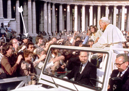 Pope John Paul II about to be shot by Mehmet Ali Agca in 1981.
