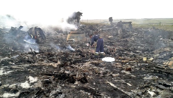 Emergencies Ministry members work at the site of a Malaysia Airlines Boeing 777 plane crash, July 17, 2014 
