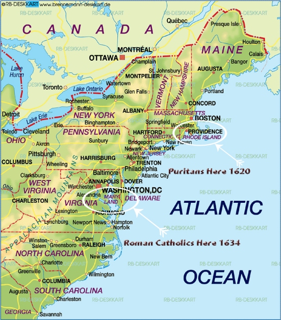 The Anti-Catholic Puritans Landed In Massachusetts While The Roman Catholics Landed In Maryland And Who Established The United States Of America Based Upon Religious Liberty.