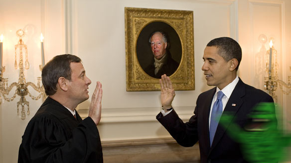 WITHOUT THE HOLY BIBLE OF COURSE! ~ WASHINGTON - JANUARY 21: Chief Justice John G. Roberts Jr. administers the oath of office to President Barack Obama a second time in the Map Room of the White House January 21, 2009 in Washington, DC. Today was the president's first full day in office. (Photo by Pete Souza/The White House via Getty Images) *** Local Caption *** Barack Obama;John G. Roberts Jr.
