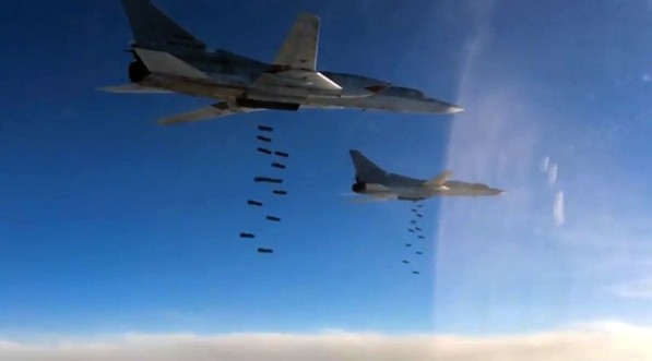 A Tupolev Tu-22M3 long-range strategic and maritime strike bomber of the Russian Aerospace Forces during a combat flight to strike the Islamic State infrastructure facilities in Syria by OFAB-25-270 fragmentation high explosive bombs. © Ministry of defence of the Russian Federation / RIA Novosti
